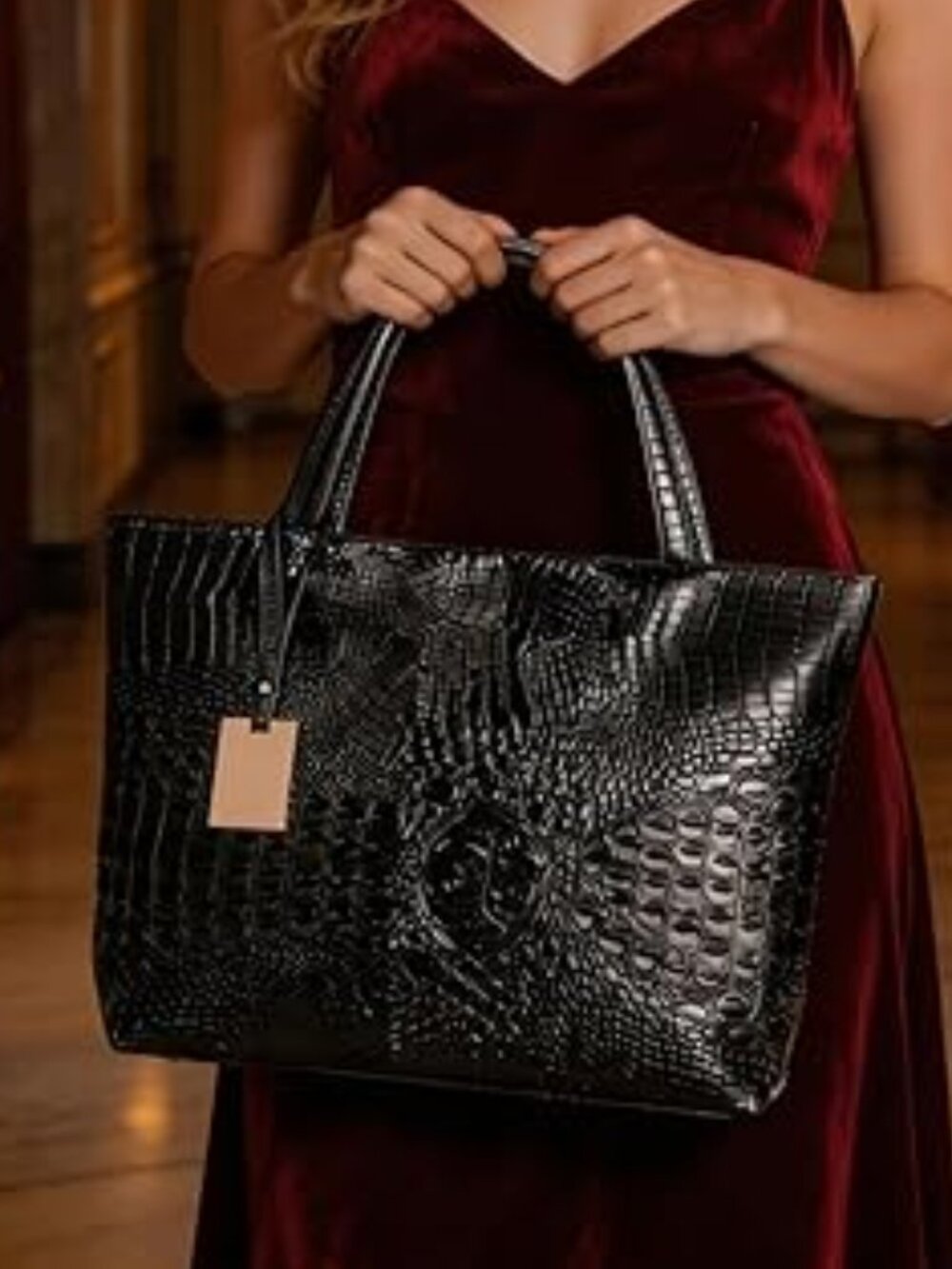 Neiman Marcus Black Faux Leather Crocodile Hobo Top Handle Bag
